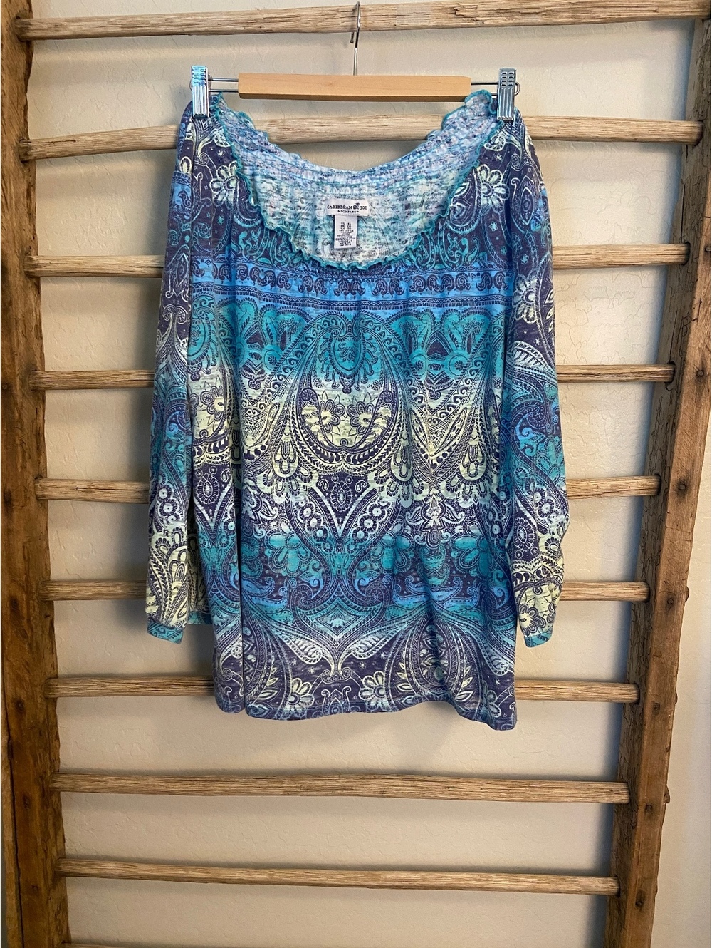 Caribbean Joe Women's XL Blue Patterned Long Sleeve Top